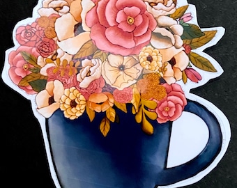 Blue Coffee Cup With Flowers Vinyl Sticker