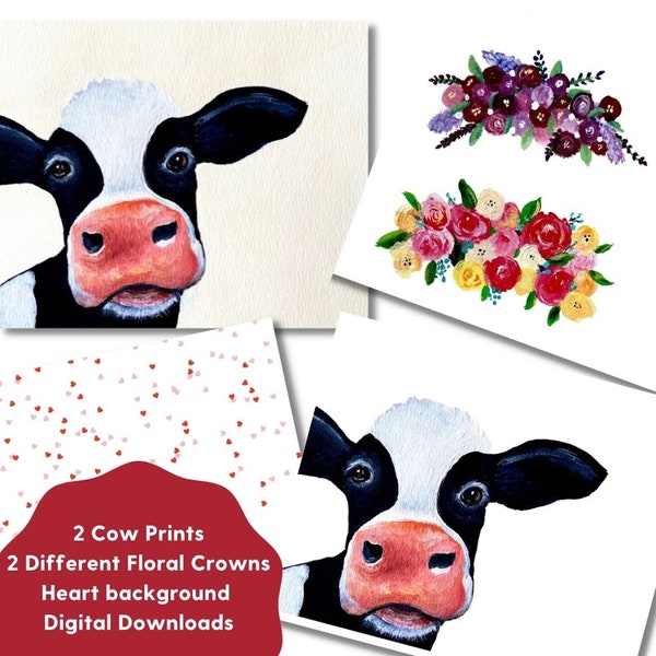 Cow Printable, Cow With Flower Crown, Cow Craft, Cow Art, Animal Flower Crown,Boho Flower Crown