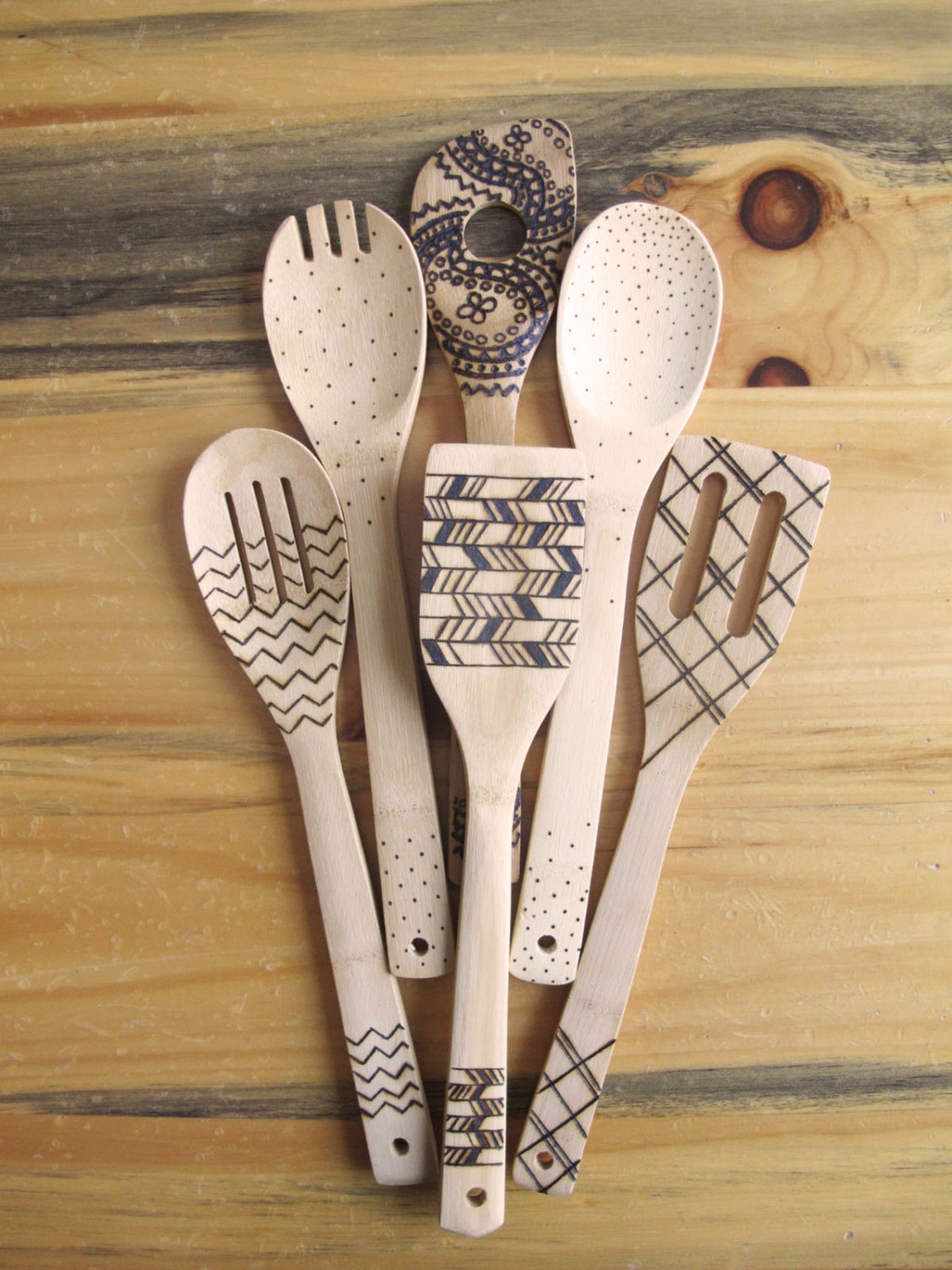 Wood burned kitchen utensils bamboo wooden spoons Etsy