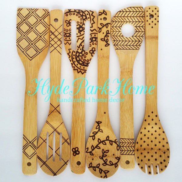 Wood burned kitchen utensils, bamboo wooden spoons