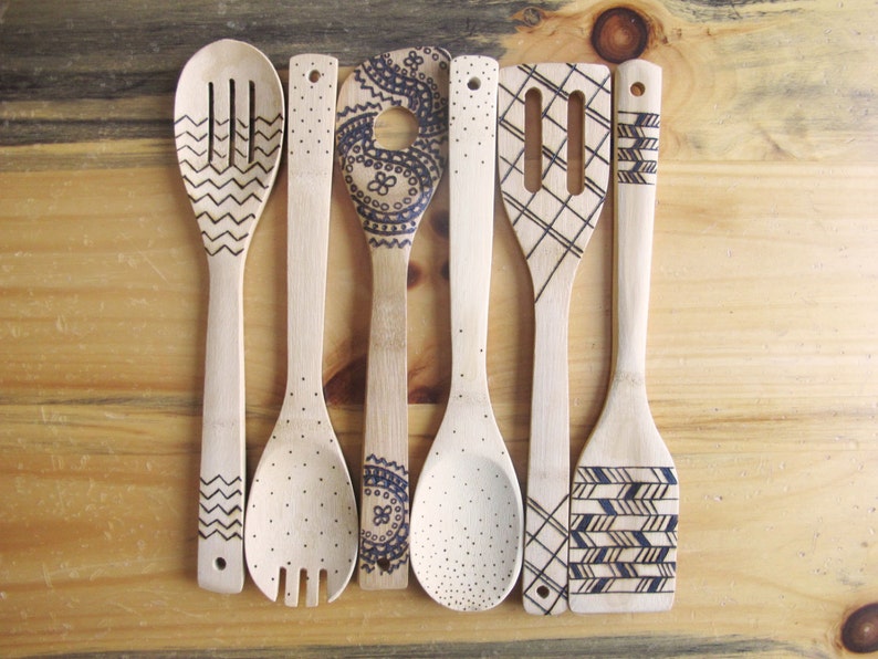 Wood burned kitchen utensils bamboo wooden spoons Etsy