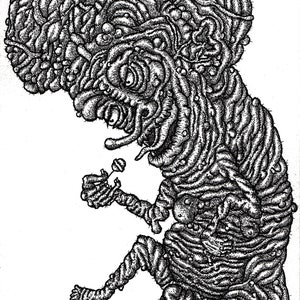 Lollipop Fetus (8”x11”) wydruk, mikronowe długopisy, niskobudżetowa sztuka, ilustracja tuszem, lizak, szczegółowe