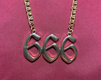 666 Gold colored chain metal necklace, Satanic jewelry gift, hail Satan