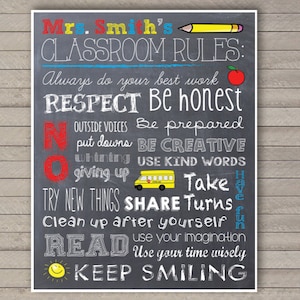 Classroom Rules -- Personalized -- Teacher Art -- Chalkboard-style printable -- Digital File