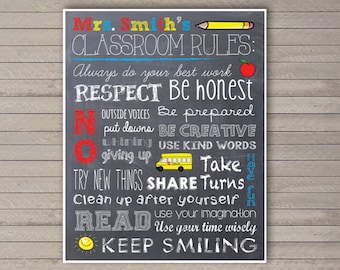 Classroom Rules -- Personalized -- Teacher Art -- Chalkboard-style printable -- Digital File