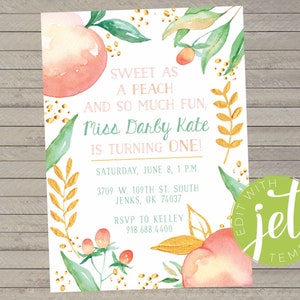 Sweet as a Peach Watercolor First Birthday Invitation --  Instant Download, EDITABLE on Jet Template -- Printable Digital File -- 5x7