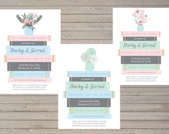 Baby Book Shower Invitation -- Book Stack -- Baby Shower -- Pink, Green, Blue -- Custom 5x7" Printable Invitation