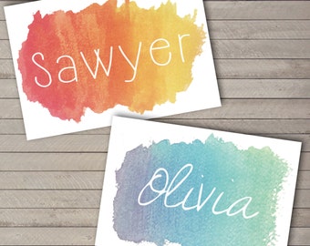 Custom Name Watercolor -- Nursery Art Print -- Child's Room -- Digital Printable File -- You choose colors, font, and print size!