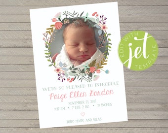 Baby Girl Birth Announcement -- Floral Wreath -- Pretty, Simple Birth Announcement -- Customizable Photo Announcement -- Printable, 5x7"