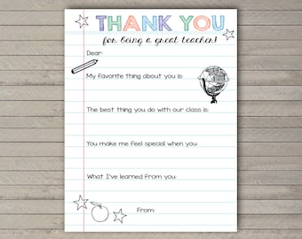 May include: A printable thank you card for teachers with a colorful "Thank You" title and lined space for writing. The card features a pencil, a globe, and stars.