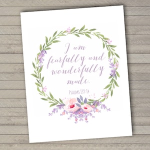 Fearfully and Wonderfully Made -- Psalm 139:14 -- Nursery Art -- Lavender Floral Wreath -- Printable Art -- Instant Download