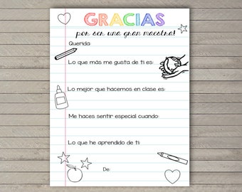 SPANISH Preschool/Kindergarten Teacher Appreciation Note -- Fill-in-the-Blank -- Thank You Teacher -- Printable -- Instant Download