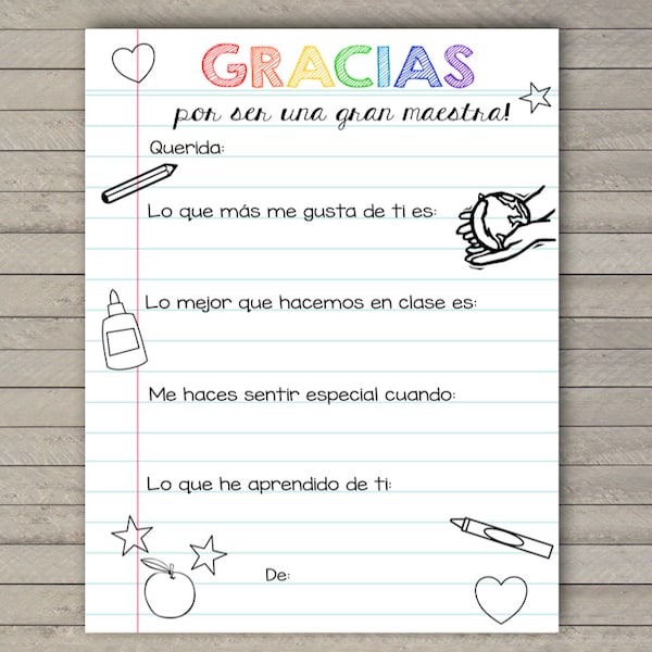 SPANISH Preschool/Kindergarten Teacher Appreciation Note -- Fill-in-the-Blank -- Thank You Teacher -- Printable -- Instant Download