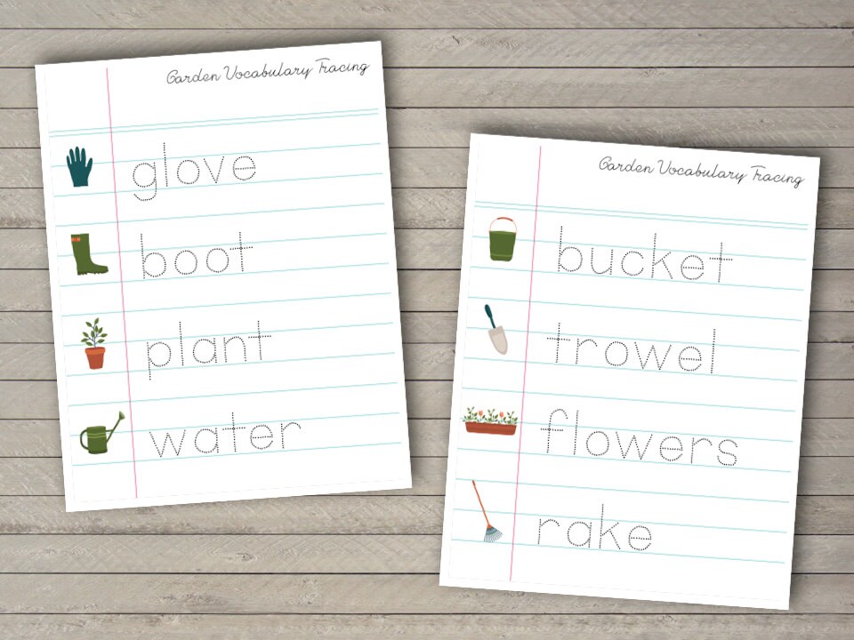 gardening vocabulary printable worksheets tracing etsy