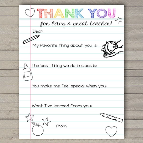 Preschool/Kindergarten Teacher Appreciation Note -- Fill-in-the-Blank -- Thank You Teacher -- End of Year -- Printable -- Instant Download