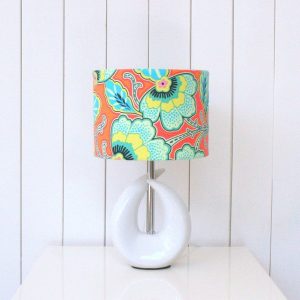 Orange floral fabric lampshade drum - small fabric light shade, for table lamps