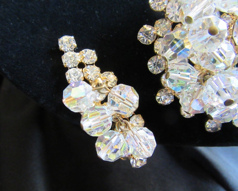 D/&E aka Juliana Crystal Rhinestone Brooch and Earrings Dangle Beads AB Aurora Borealis
