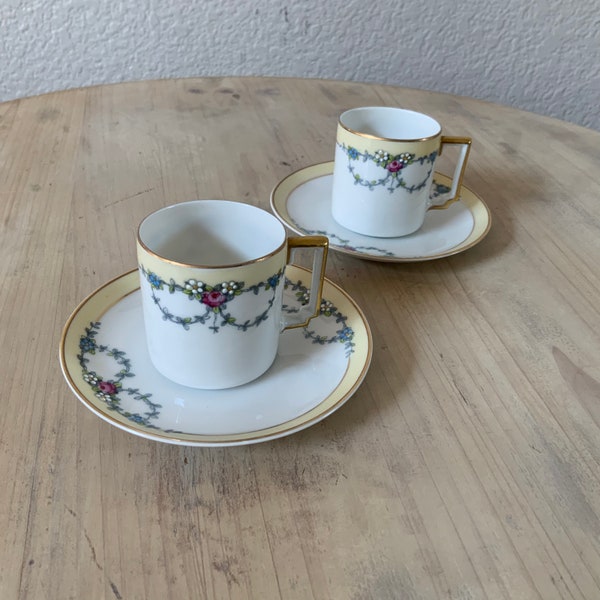 Set of Two Hand Painted Demitasse Cup and Saucers Heinrich & Co. Selb Bavaria Germany