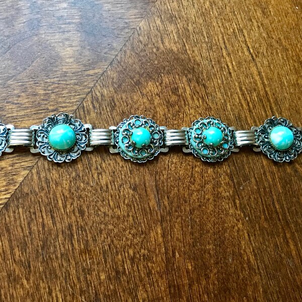 Link Bracelet with Turquoise Cabachons, Bohemian