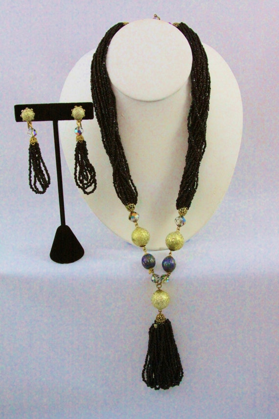 Micro Beaded Tassel Necklace and Earring Set, Blac