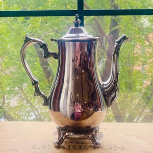 Puede incluir: Una cafetera plateada con tapa y asa curva. La cafetera tiene un pico decorativo y se asienta sobre una pequeña base ornamentada. La cafetera refleja el entorno.
