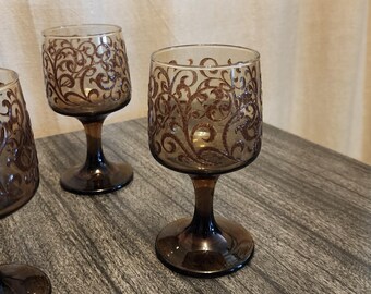 Vtg 70s Libbey Prado Moriage Scroll Glass Goblets Brown smoked glass. Set of 8.