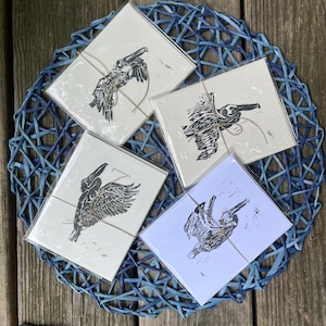 Brown Pelican linocut blank greeting cards