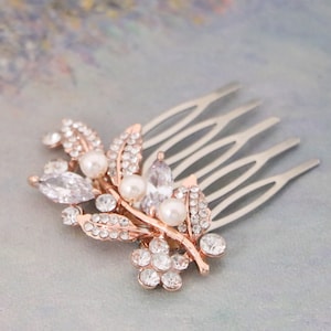 Rose gold Bridal hair comb Pearl side comb Small Wedding hair comb Bridesmaid hair piece Prom Hair piece Wedding comb in Rhinestone haircomb image 3