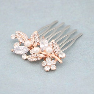 Rose gold Bridal hair comb Pearl side comb Small Wedding hair comb Bridesmaid hair piece Prom Hair piece Wedding comb in Rhinestone haircomb image 2