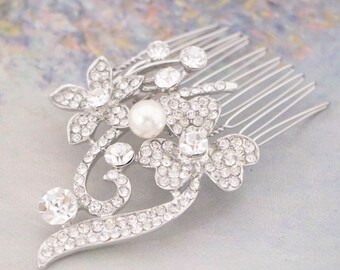 bridal hair comb side bridal hairpiece pearl and crystal wedding hairpiece silver hair comb Rhinestone Wedding hair comb Bridal hair bling