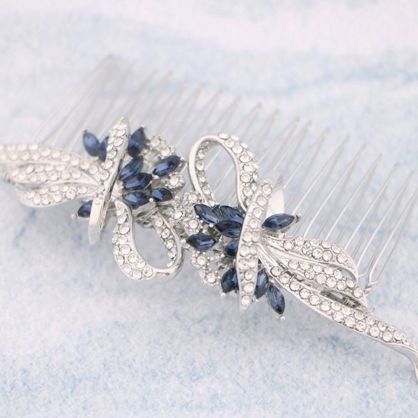 wedding hair comb silver Wedding hair accessories Navy blue Wedding comb in Large Bridal hair comb Small Bridal comb Rhinestone hair comb