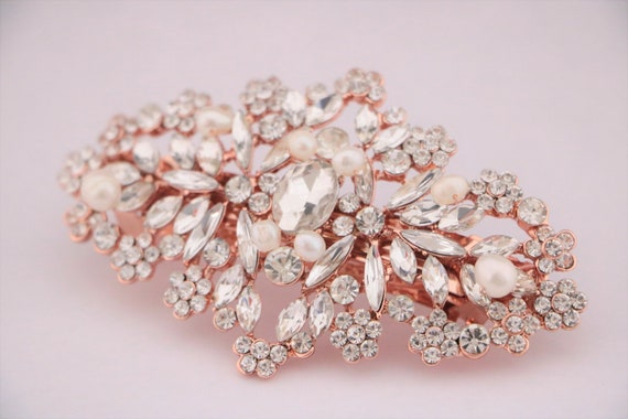 Wedding day barrette Rose Gold Hair Barrette, Rose Gold Crystal Hair Clip for  main image 3