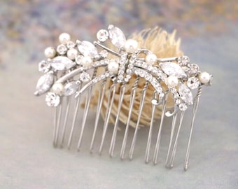 Silver Pearl Bridal Haircomb With Rhinestones Floral Wedding  display picture 1