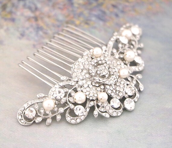 Crystal & Pearl Floral Hair Comb - Silver Tone Ivory Pearl and Crystal Floral Wedding Hair Comb in Silver main image 3