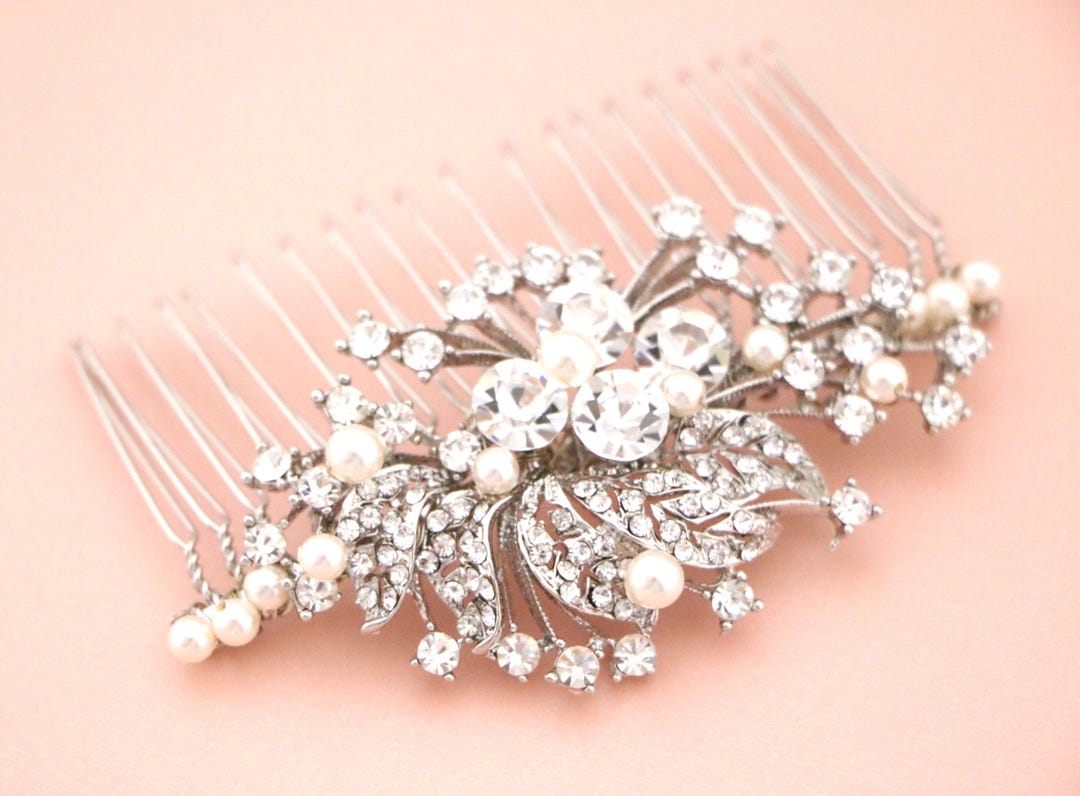 Pearl & Crystal Floral Hair Comb - Silver Tone Buy MARIANNA Luxurious Hair Comb, Headpiece | Ellee Couture  main image 3