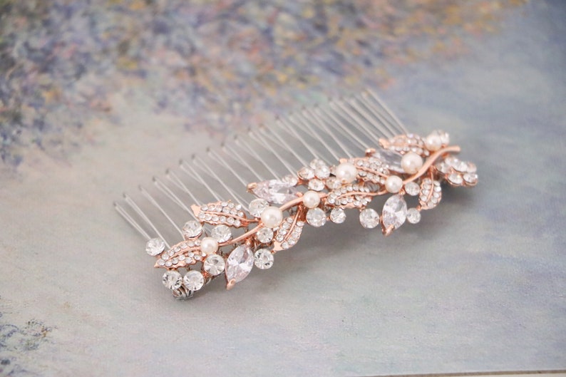 Rose gold Bridal hair comb Pearl side comb Small Wedding hair comb Bridesmaid hair piece Prom Hair piece Wedding comb in Rhinestone haircomb image 9
