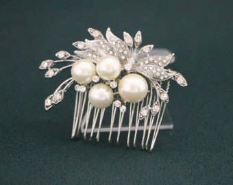 Pearl Wedding comb Side bridal headpiece Silver Wedding hair comb Crystal hair piece Wedding hair accessories floral Bridal hair comb Prom