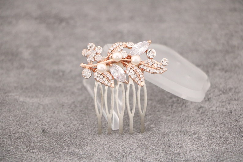 Rose gold Bridal hair comb Pearl side comb Small Wedding hair comb Bridesmaid hair piece Prom Hair piece Wedding comb in Rhinestone haircomb image 1