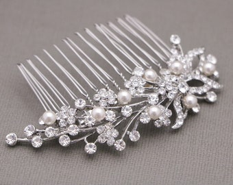 wedding hair comb floral Wedding comb hairpiece Pearl hair comb Bridal hair accessories Silver Bridal comb Crystal Bridal hair comb Hair pin