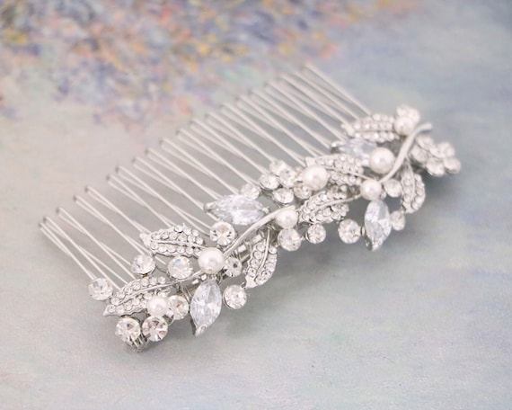 Pearl Crystal Bride Wedding Hair Comb Silver Side Comb Hair Piece Crystal Bridal Hair Comb Silver Opal Rhinestone Bride  main image 4