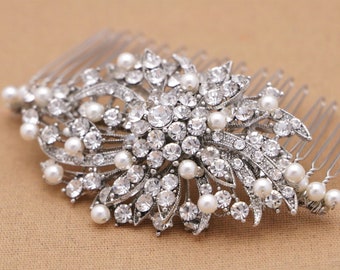 Pearl and Crystal hair comb Silver Wedding hair piece Side Bridal headpiece Wedding hair comb Rhinestone Bridal hair comb Wedding hair bling