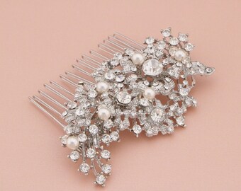 Wedding hair comb Swarovski pearl hair comb Side Bridal headpiece Wedding hair jewelry Silver Bridal hair comb Rhinestone hair piece Wedding