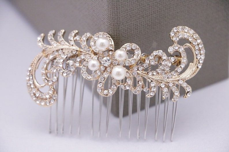 Bridal hair comb Silver,Gold and Rose gold Wedding comb Side bridal headpiece Pearl and Crystal hair comb Rhinestone hair piece Wedding comb image 2