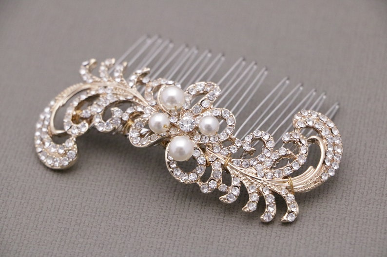 Bridal hair comb Silver,Gold and Rose gold Wedding comb Side bridal headpiece Pearl and Crystal hair comb Rhinestone hair piece Wedding comb image 3