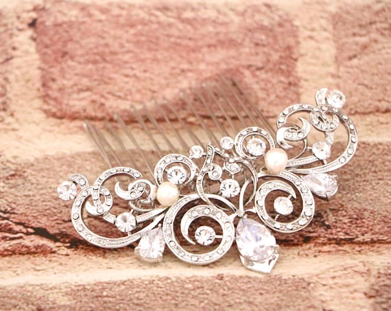 Pearl Wedding Hair Comb: Rhinestone Bridal Hair Piece Silver 