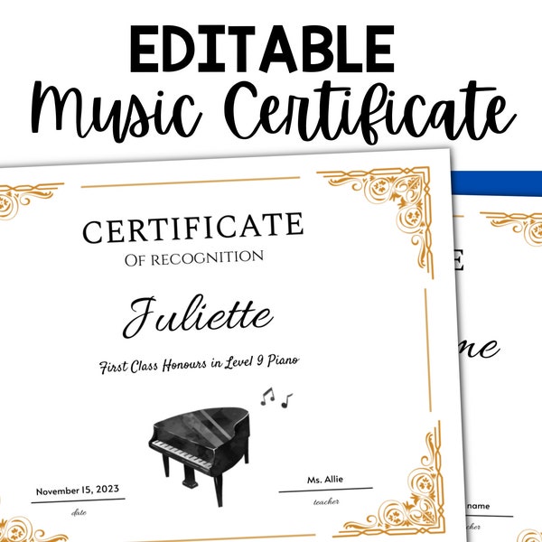 Music Recital Certificate EDITABLE Template for Piano Recital Music Award Printable Certificate Recognition of Achievement