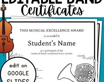 Easy EDITIERBARE Musik Band Konzert Recital Orchester Zertifikat Vorlage auf Google Slides, Instant PDF Printable