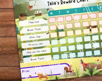 EDITIERBARE Tiere Natur Tägliche Kindertabelle - Personalisierter Gewohnheits-Haushaltsplan - Niedlicher Regenbogen - Tägliche wöchentliche Belohnungstabelle - Autismus