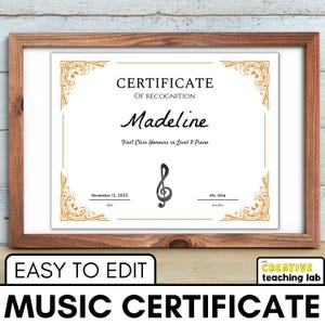 Editable Music Recital Certificate Template | Printable Music Award for Students | Music Certificate PDF | Music Teacher Resource