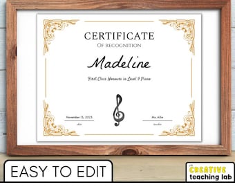 Bearbeitbare Musik Recital-Zertifikatsvorlage | Printable Music Award für Studenten | Musik Zertifikat PDF | Ressourcen für Musiklehrer